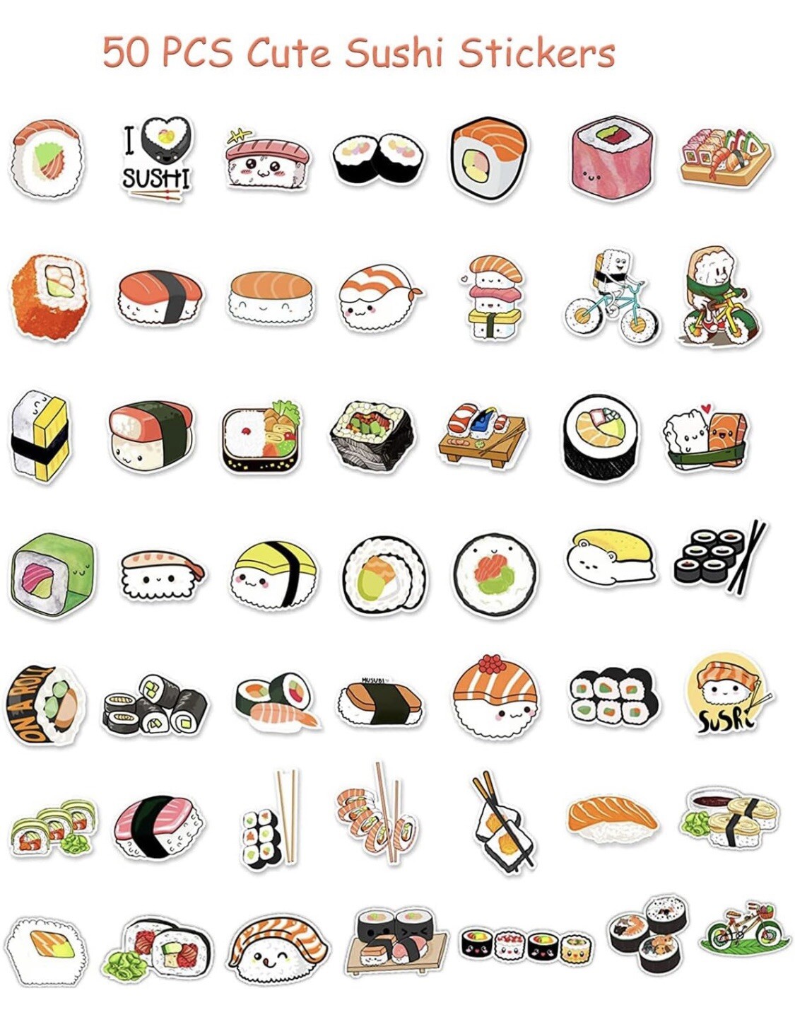 Sushi Kawaii Bento Cute Stickers 50 Pcs, Die Cut – US SELLER Gohan Kappa Maki