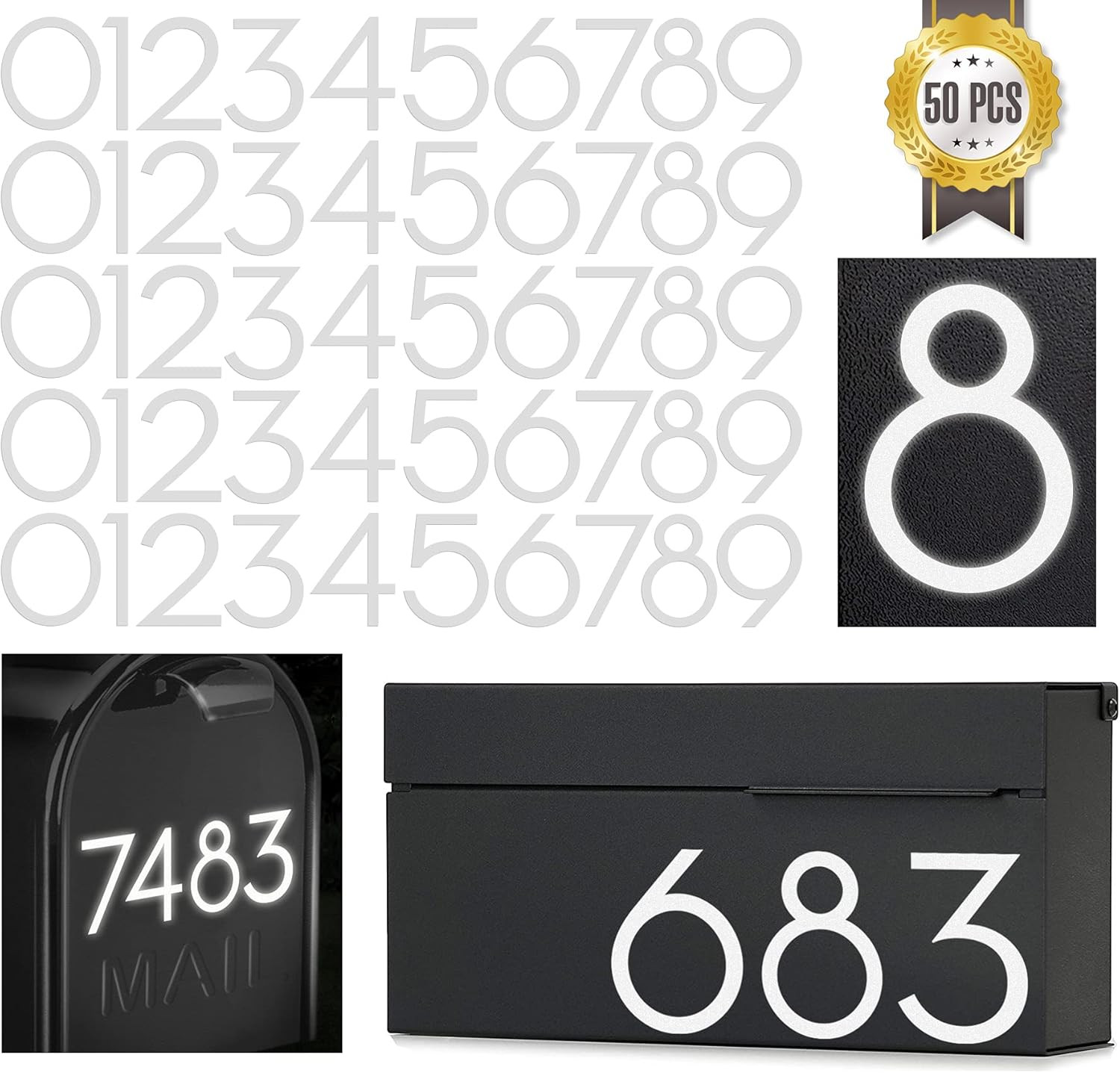 2 Inch Reflective Mailbox Numbers Sticker (0-9, 5 Sets) Modern Number Vinyl Wate