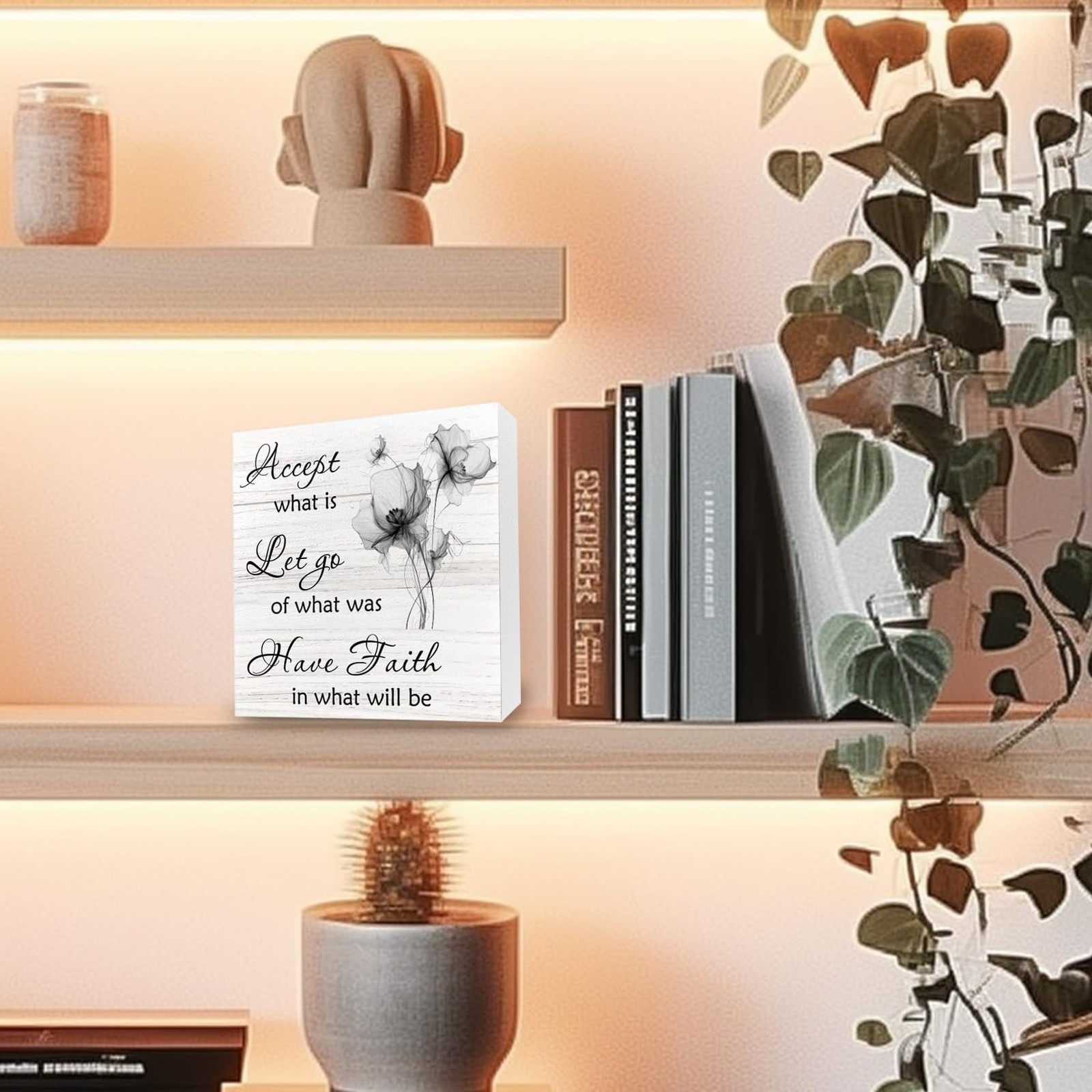 Accept What Is Wooden Sign, Let Go of What Was, Floral Inspirational Desk Dec…