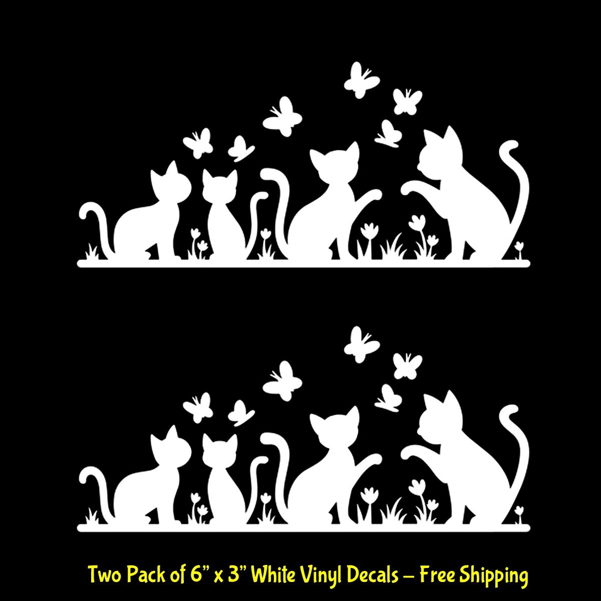 Cats Kittens Butterflies 2 Pack 6" White Vinyl Decals Car Window Mailbox Laptop