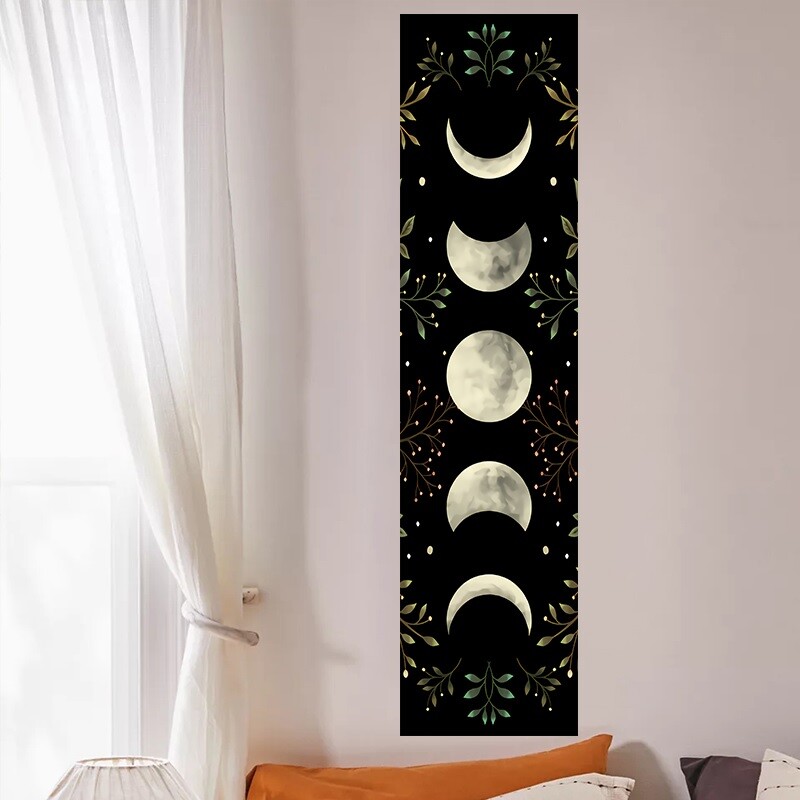 Vintage Moon Phase Wall Hanging Tapestry Mooonlight Green Olive Leaf Black Tapes