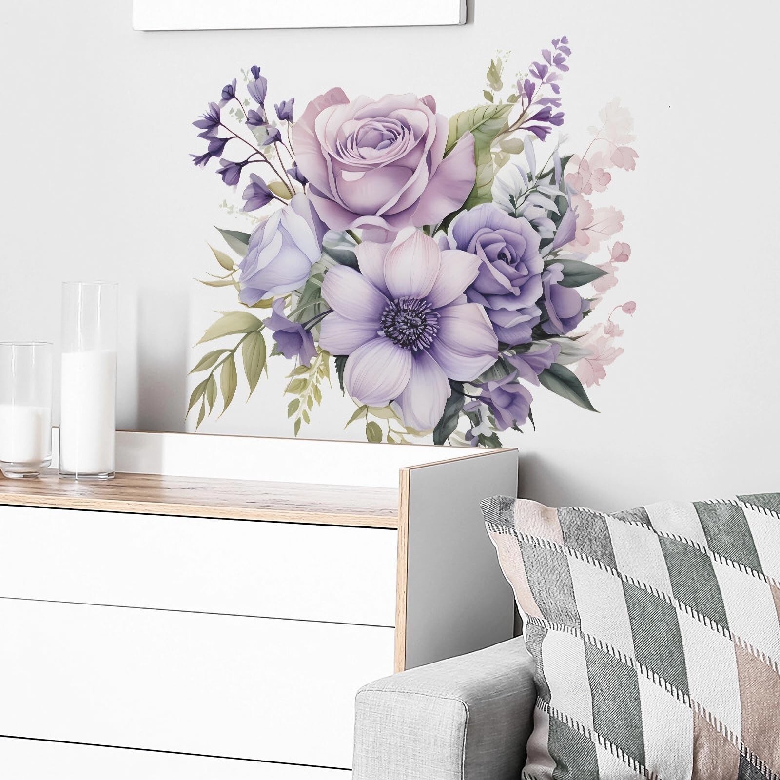 Purple Rose Daisy Flower Wall Stickers, sacinora Watercolor Romantic Floral A…