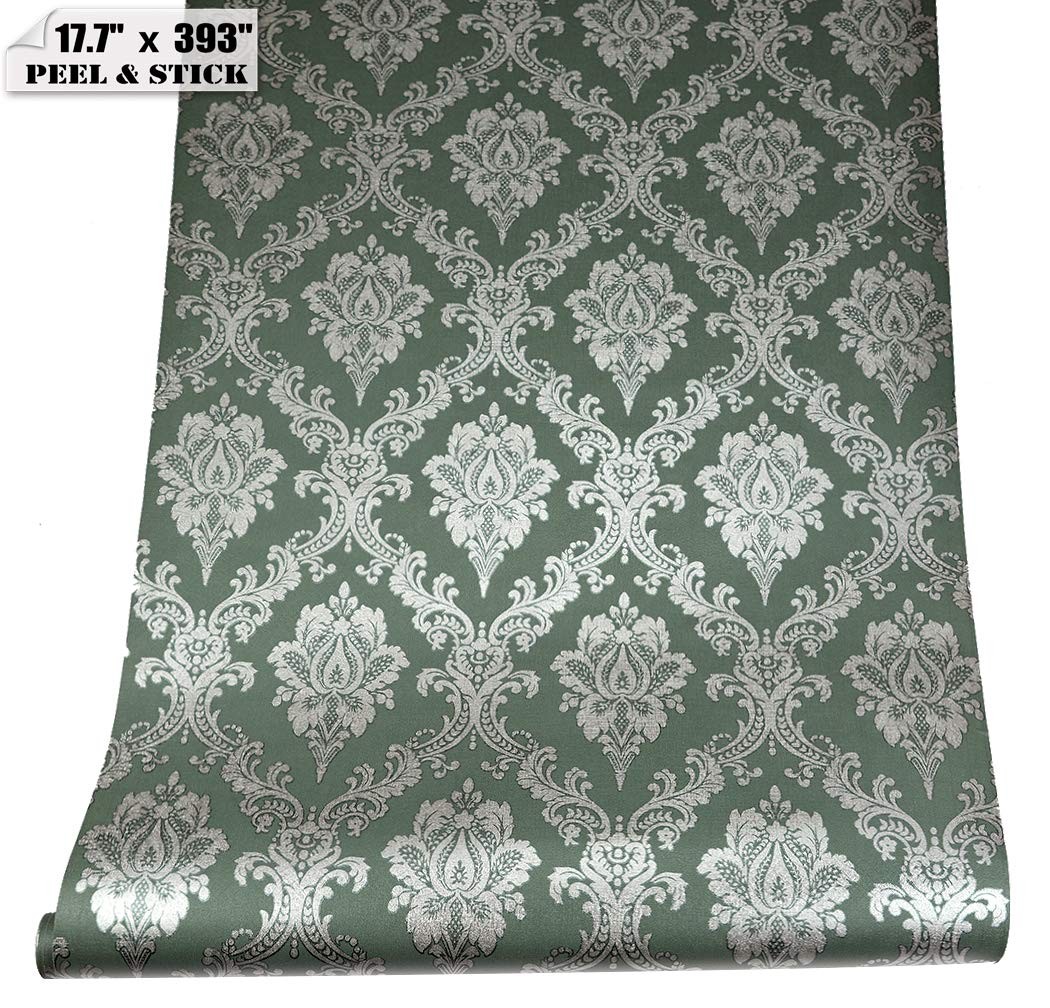 J1280-10M Damask Peel and Stick Wallpaper 17.7inx 32.8ft Lake Green/Silver Re…