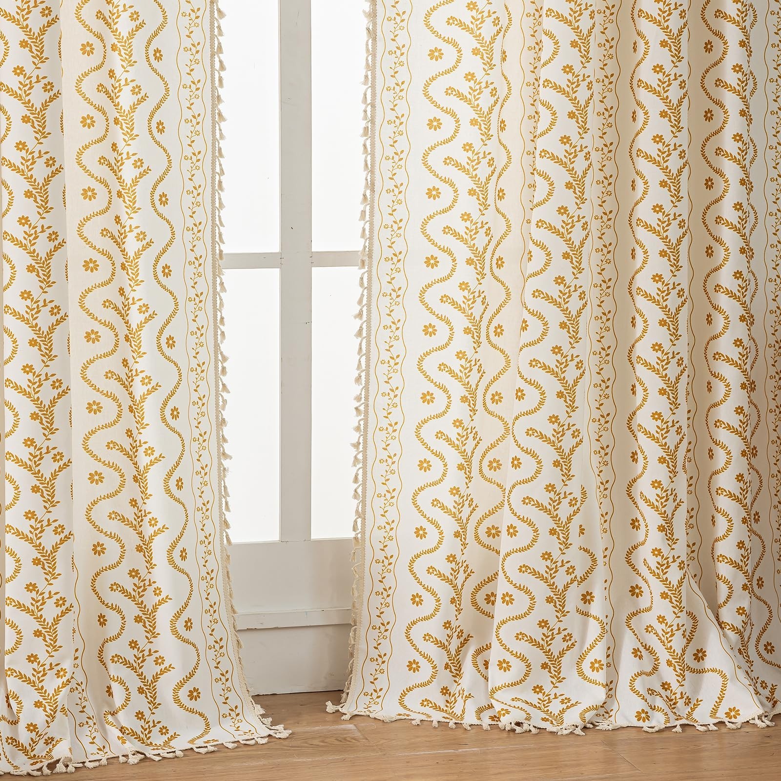 Yellow Boho Curtains 72 Inch Long for Living Room, Bedroom, 2 Panels Floral F…