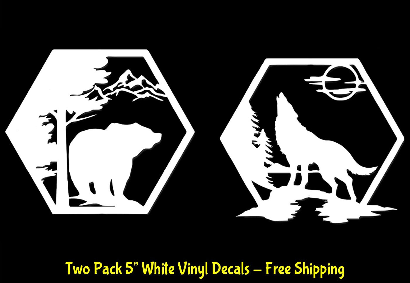 Bear & Wolf Mountain Forest Hexagon Shape Two 5" White Vinyl Decal Car Window