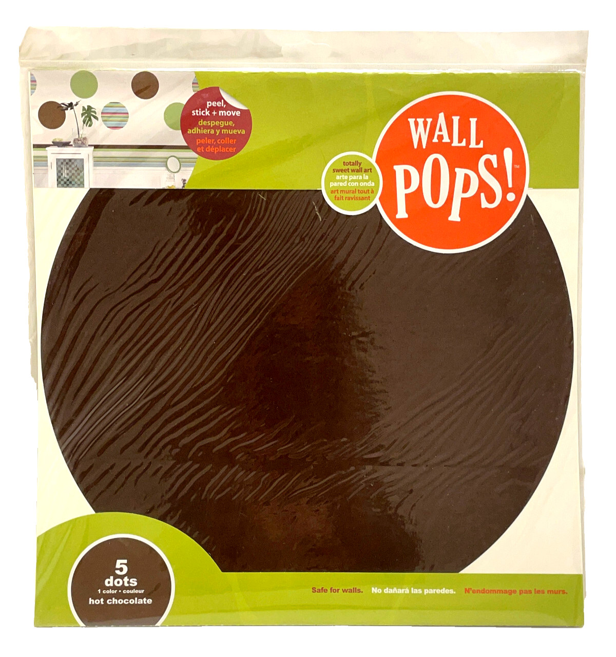 Wall Pops! 13" five large Dots self-stick removeable decals, "hot chocolate"