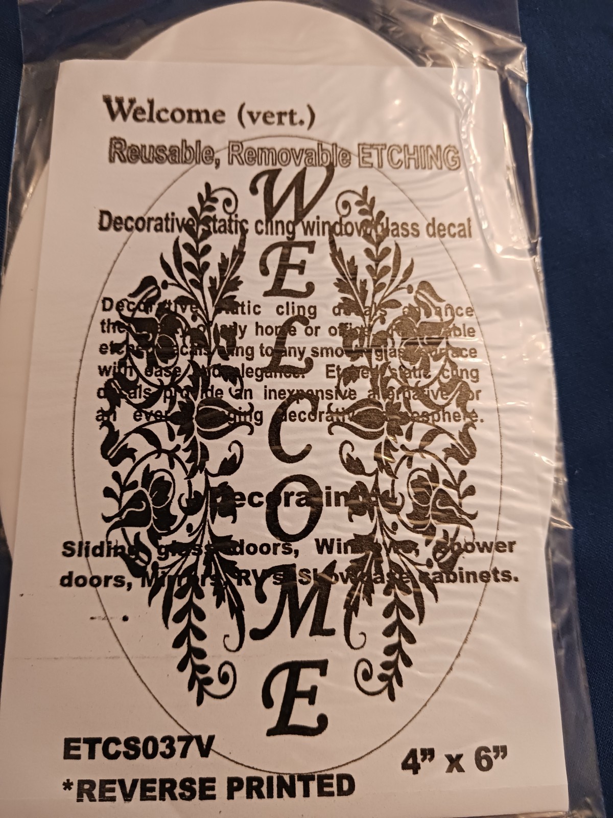WELCOME Window Decal 4"x6" OVAL Etched Glass Look Cling Removable & Reusable 37V
