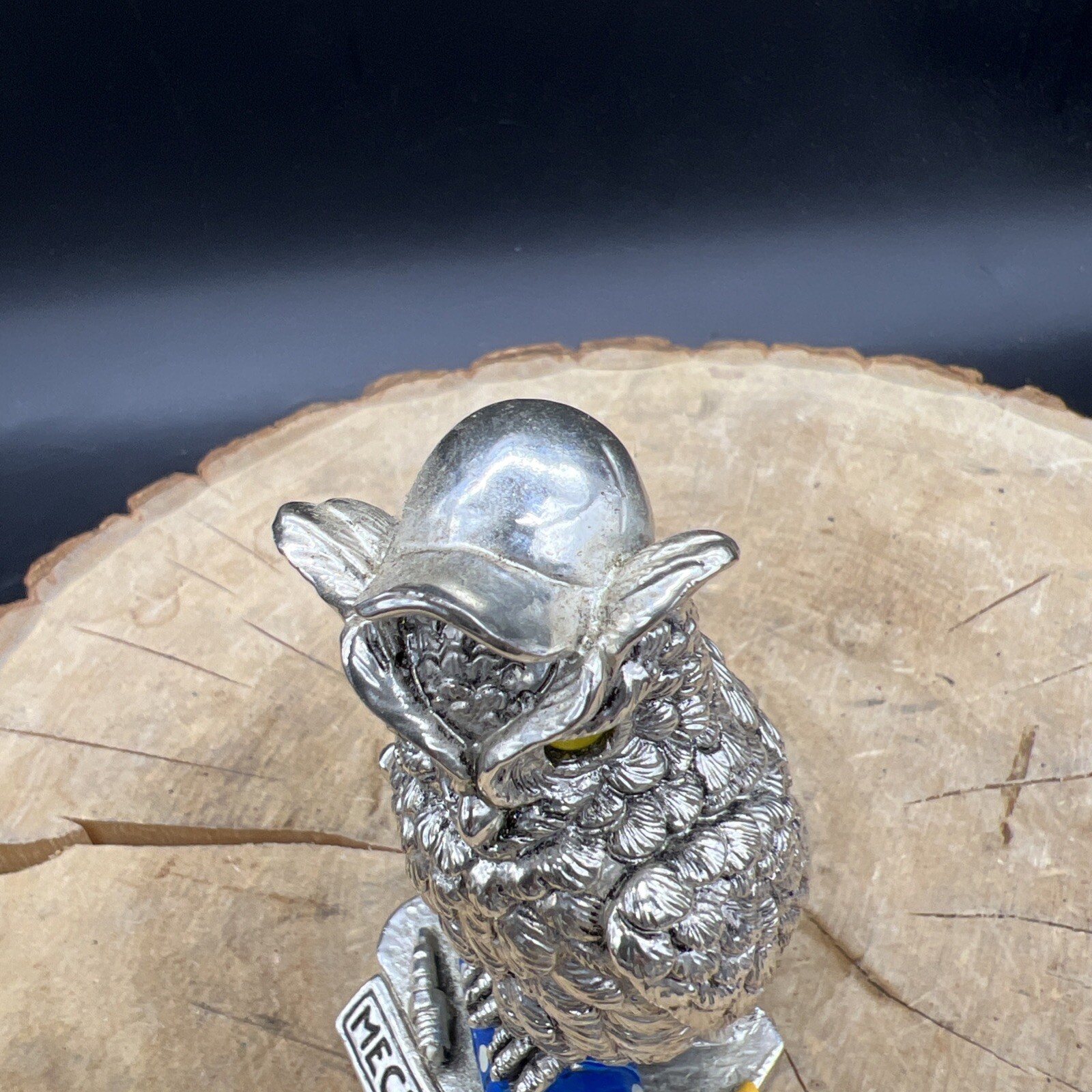 SILVER OWL ART DECOR with title MECHANIC 3.5in Tall Partially painted