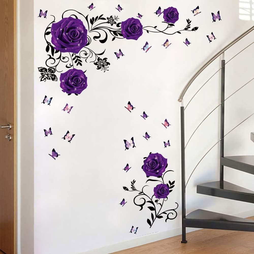 Purple Rose Wall Stickers Rose Flower Vine Wall Decal Purple Peony Floral Wall D