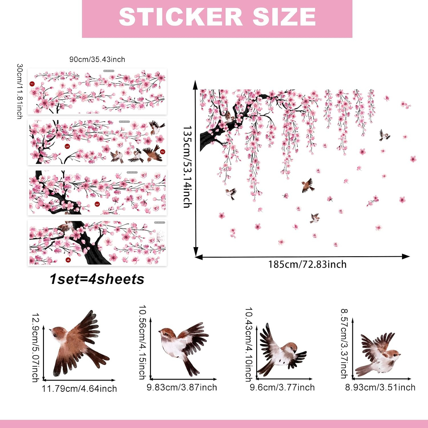 Large Pink Cherry Blossom Branch Wall Stickers – Floral Bird Decals