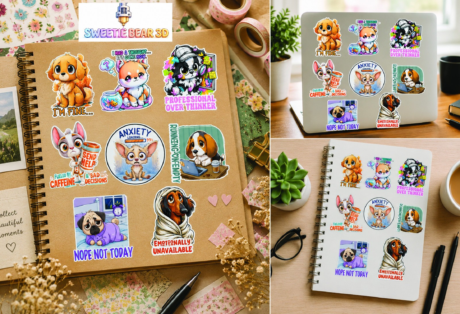 8 Pack Relatable Dog Sticker Sheet Funny Pup Decals for Planners and Kindles