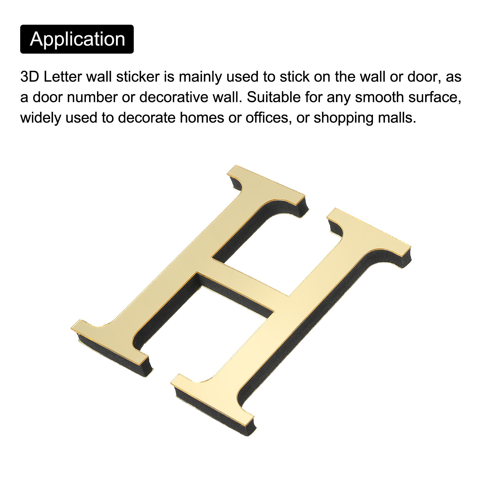 3D Acrylic Alphabet Mirror Wall Stickers Letter H Self-Adhesive Light Gold