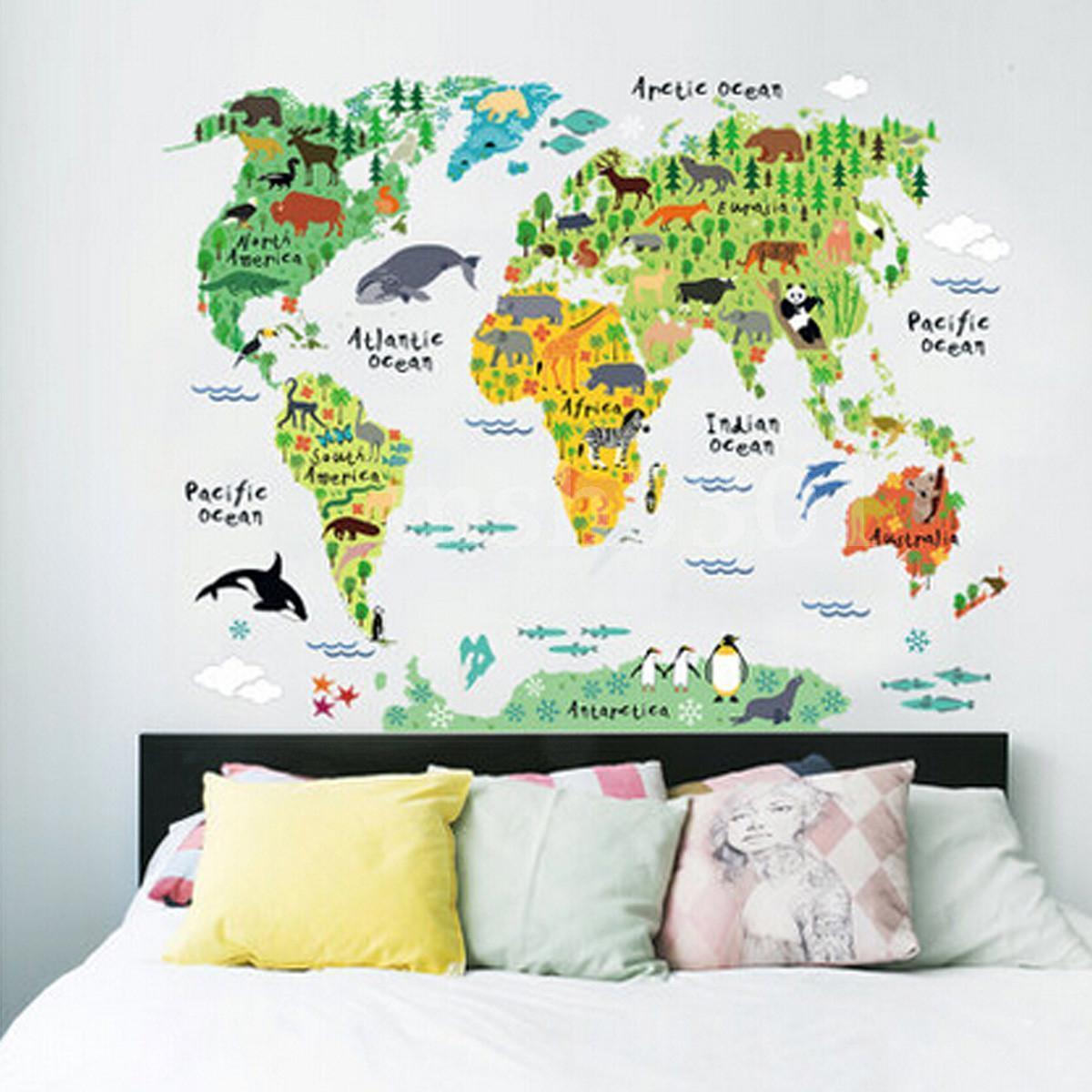 Animal World Map Removable Vinyl Wall Sticker Decal School Office Home Decor