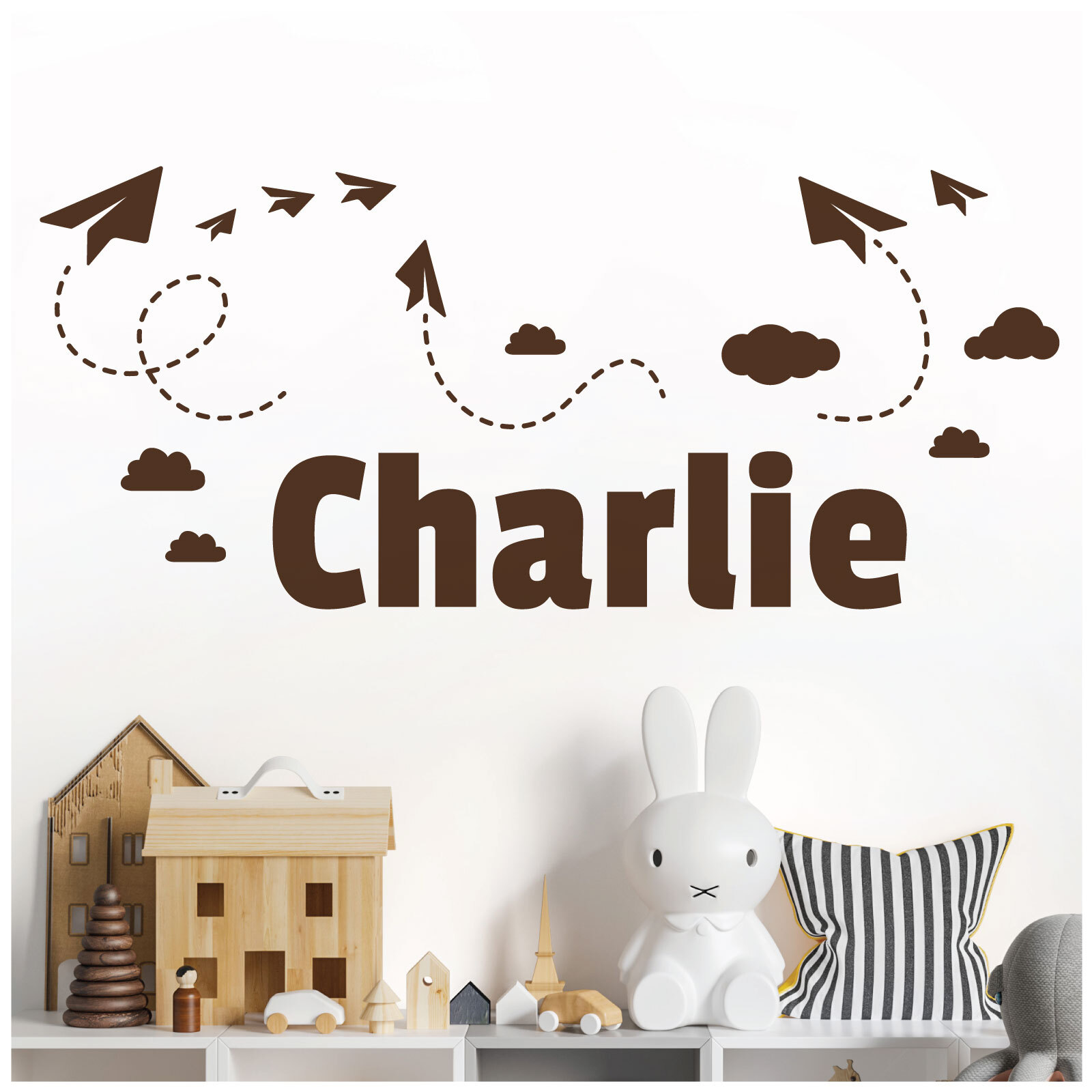 Personalised Name Children Wall Art Sticker – Sky, Paper Planes and Clouds