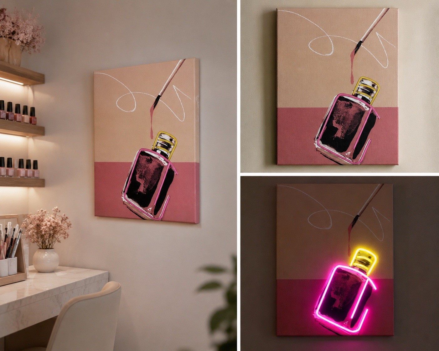 LED Neon Nail Polish Canvas Wall Art Light Beauty Salon Decor Pink Bottle Sign
