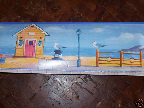 SEASCAPE W/ LIGHTHOUSE, BEACH COTTAGE & SAILBOAT WALLPAPER BORDER. NEW!