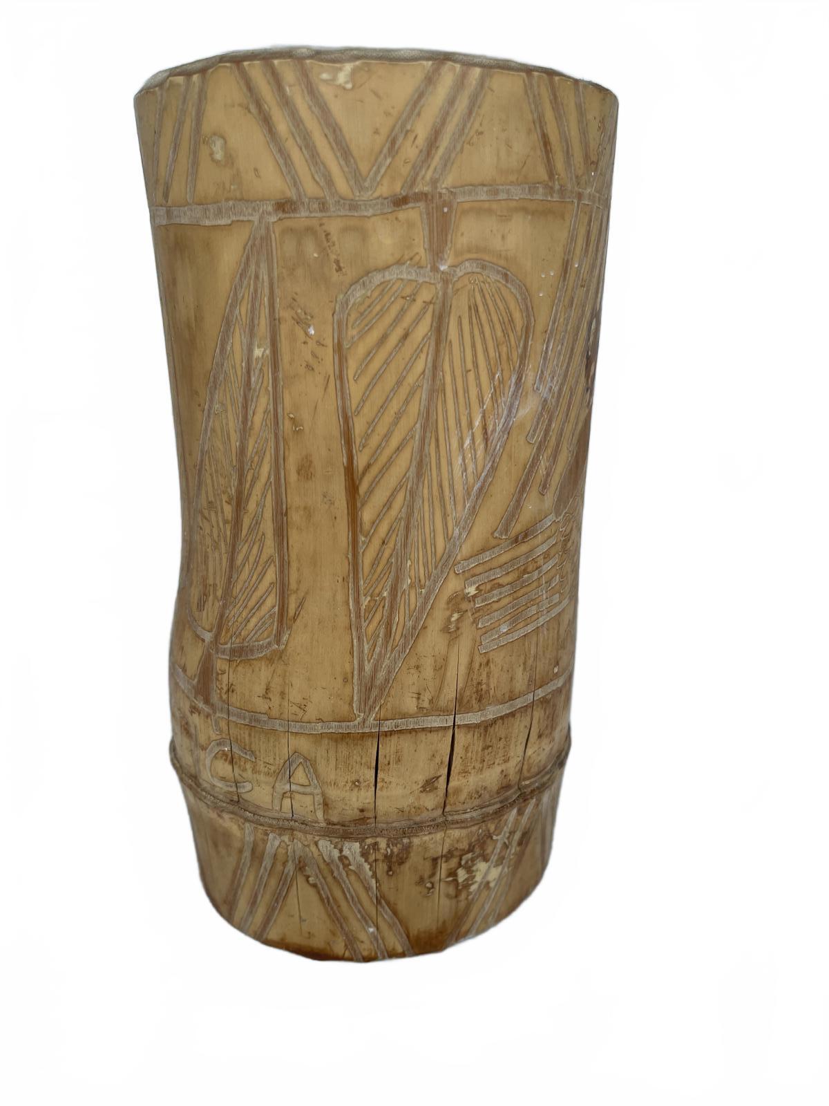 Handcrafted Vintage Hand Carved Bamboo Tiki Cup Vase Etched with Nature Designs