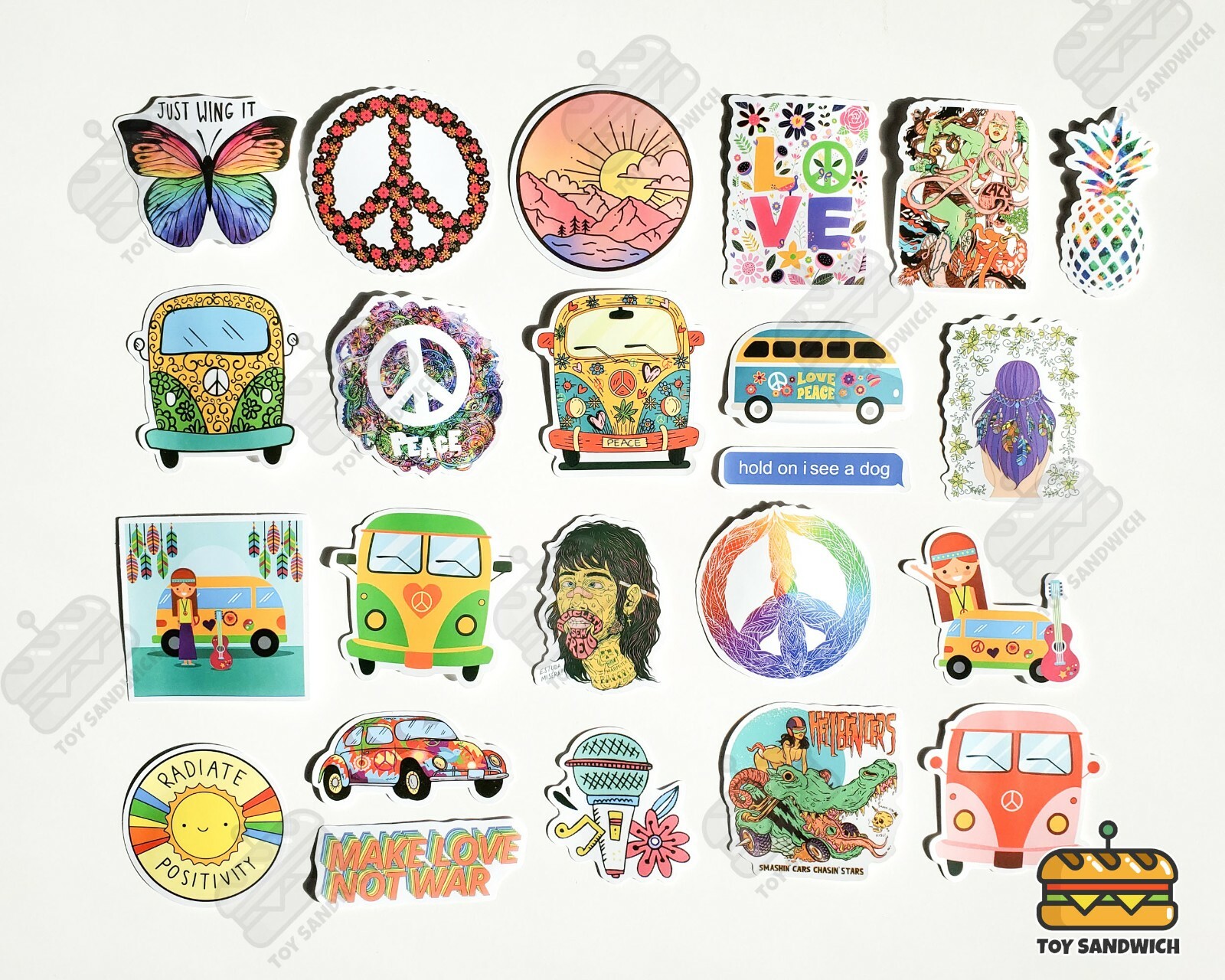 100 pcs "Hippie" Sticker Pack Peace Boho Decor Guitar Bohemian Hobonichi Decals