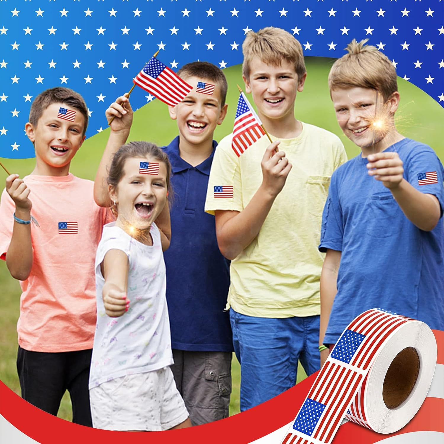 SANNIX 500 Pcs American Flag Sticker Roll,2 X 1.22 Inch US Flag Decal, USA Patri