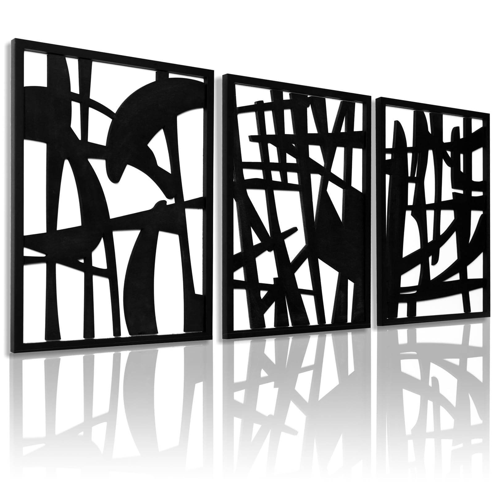 3D Wood Abstract Wall Art, Framed Black and White Wall Art, Modern Minimalist…