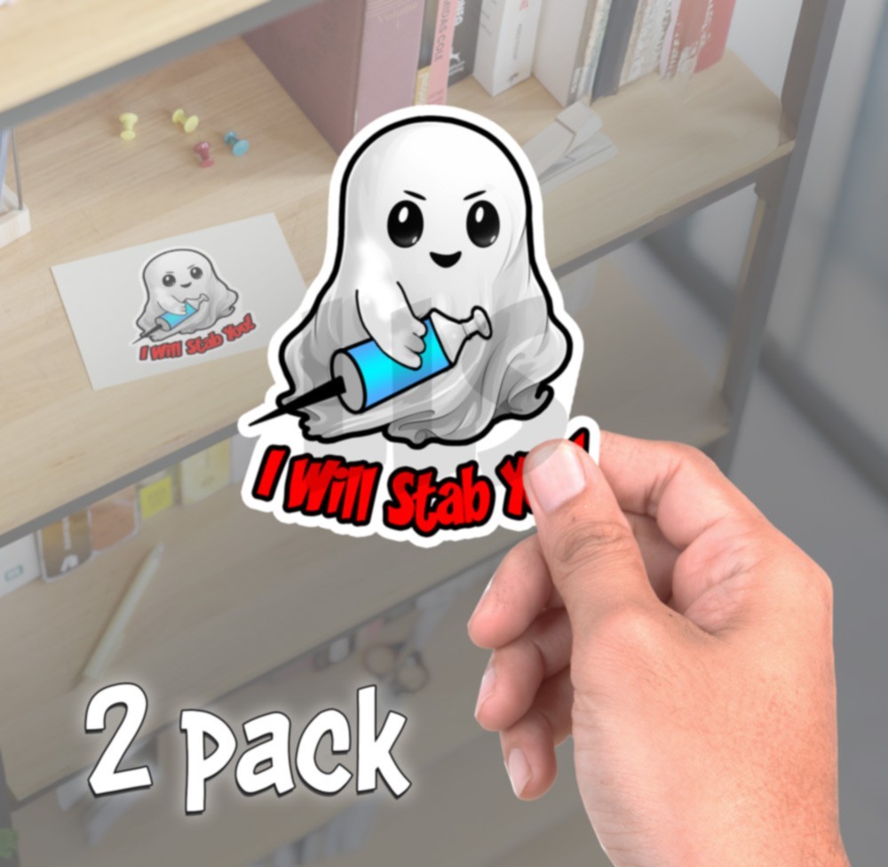 Ghost w Vaccine Shot – I Will Stab You – Funny Sticker Laptop Decals – Set of 2