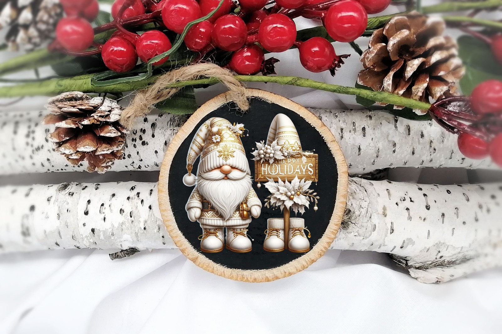 Gold and White Happy Holidays Christmas Gnome UV DTF Transparent Sticker / Decal