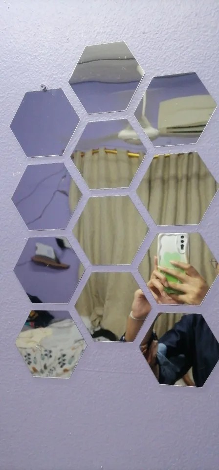 12 Silver 8*7 Hexagon Acrylic Stickers Mirror Wall Decals Dorm Rooms Decorations