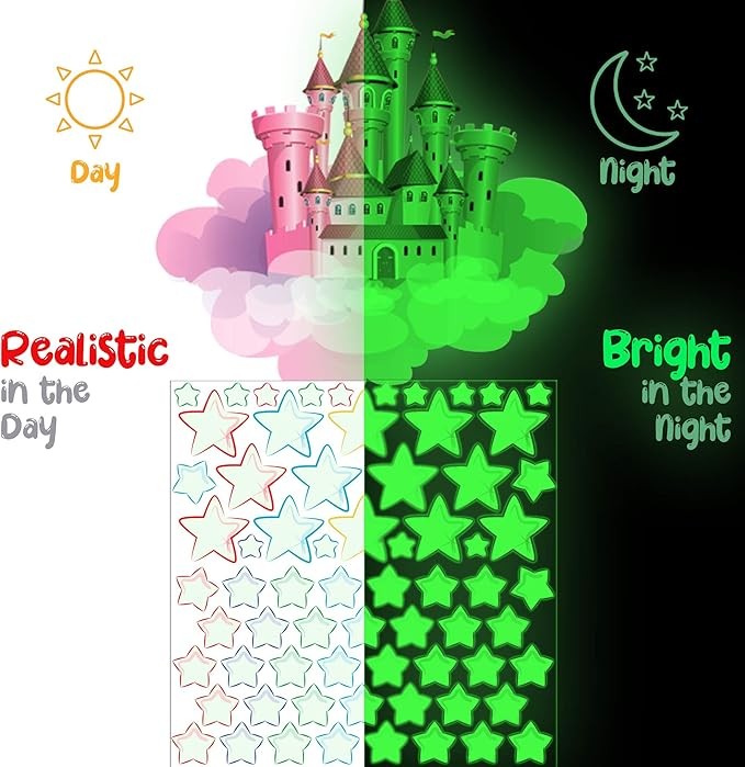 Glow in The Dark Unicorn Rainbow, Castle, Moon & Stars Vinyl Stickers Wall Decor