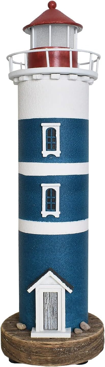 Wooden Lighthouse with Lights Nautical Tabletop Figurine Beach Themed (Blue)