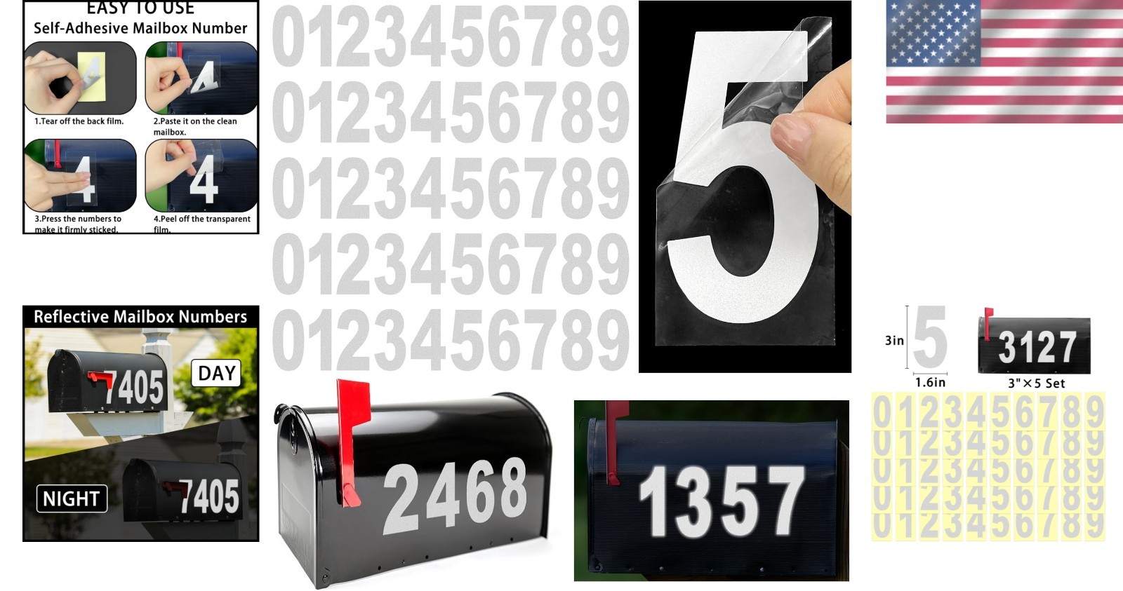 3 Sheets Reflective Mailbox Numbers 3 Inch 0-9 Vinyl Self-Adhesive Stickers