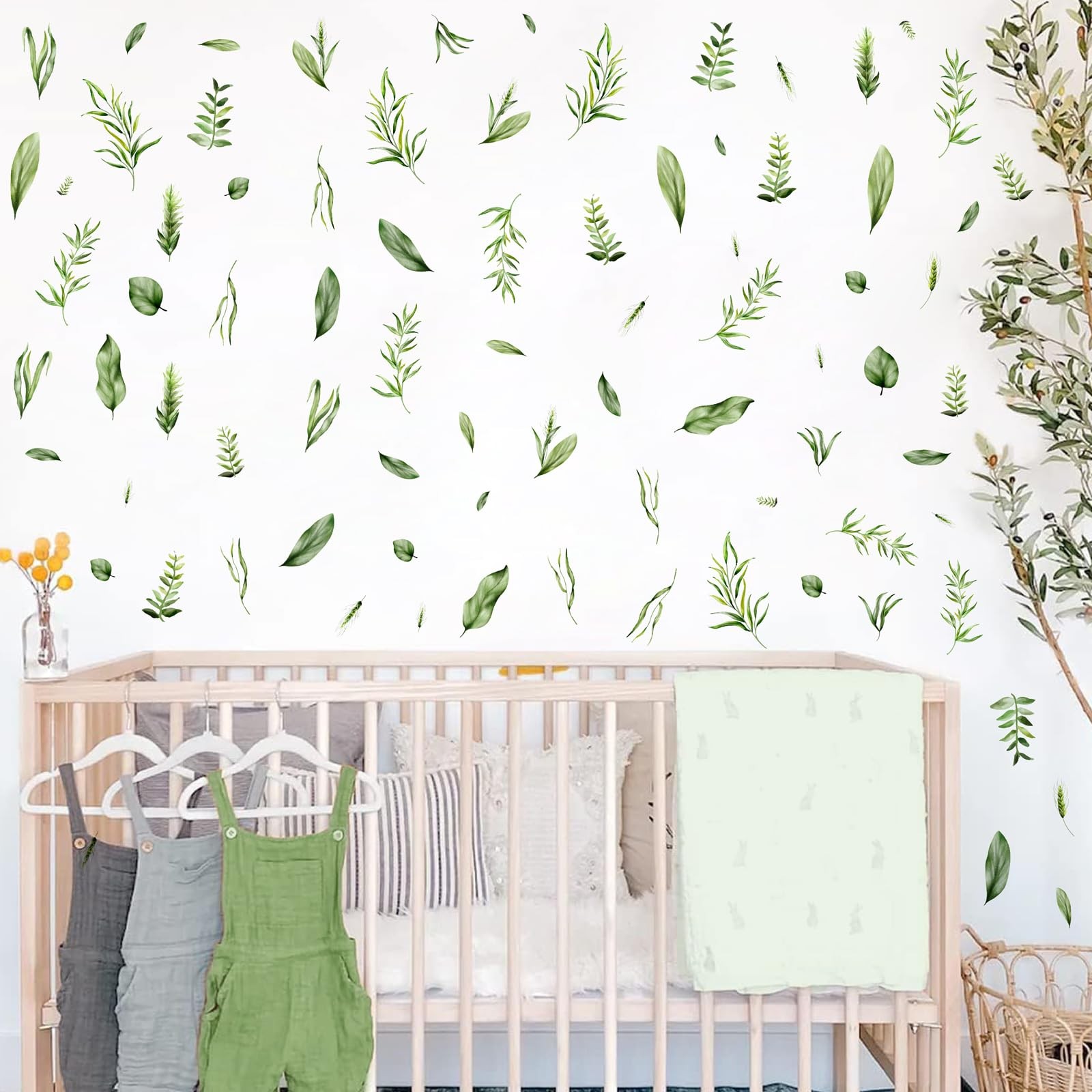 Green Leaf Wall Stickers Plant Leaf Wall Decals Peel and Stick Botanical Smal…