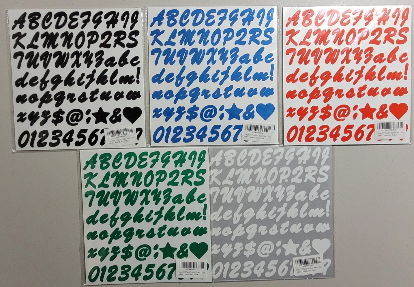 5 different colored peel & stick letter & number sets 1" tall (sealed)