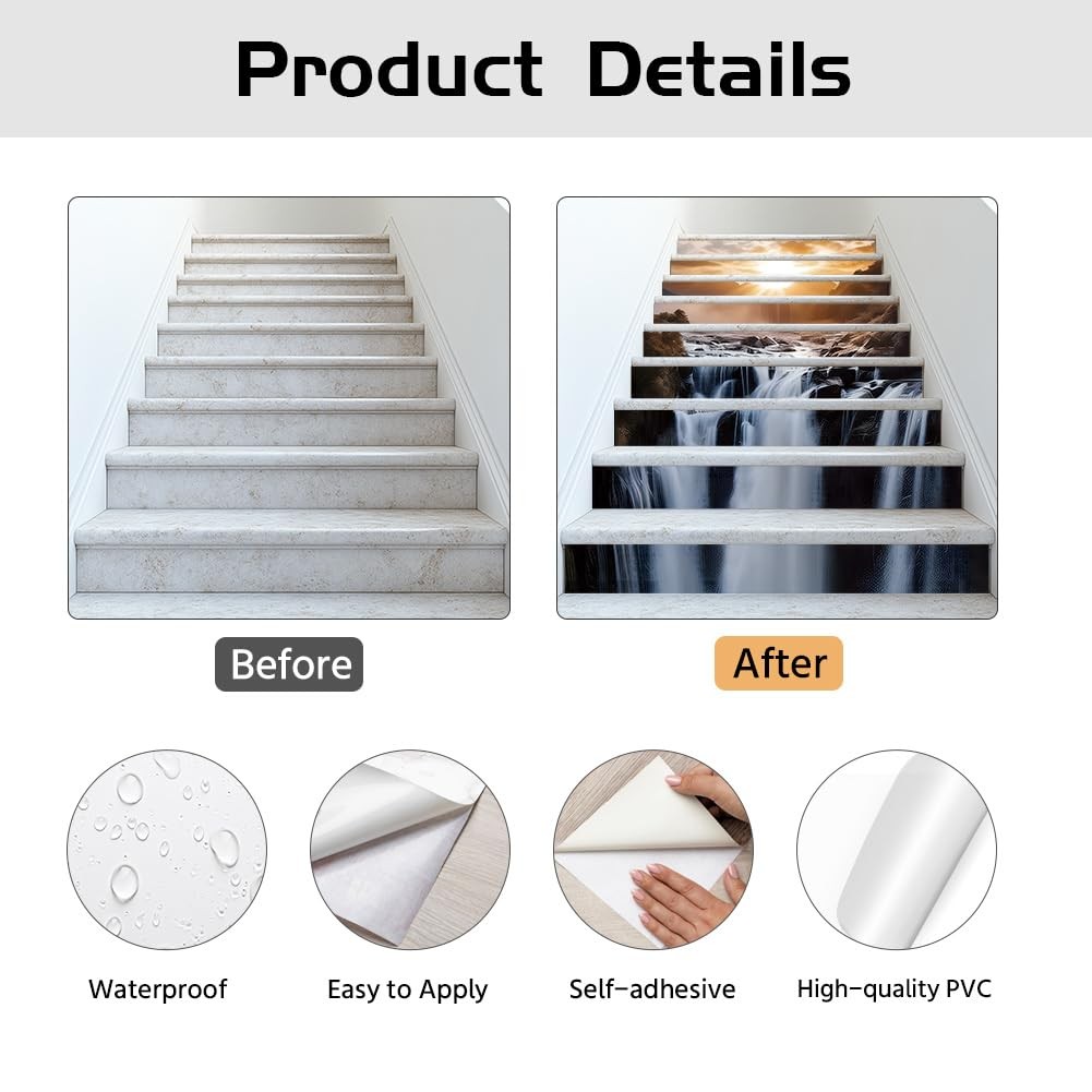 15 Strips 3D Waterfall Stair Decals, Peel and Stick Stairs Riser Stickers Nat…
