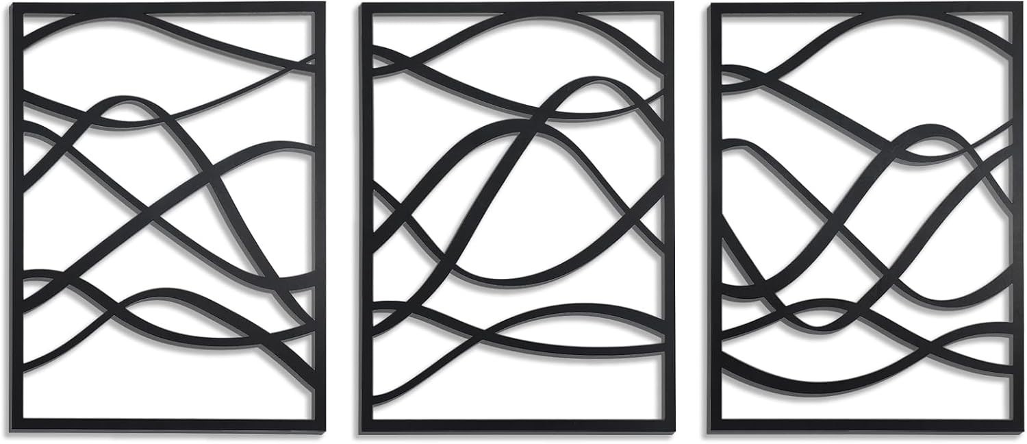 3 Pcs Minimalist Black Wooden Wall Art, Abstract Single Line Wall Decor for Home