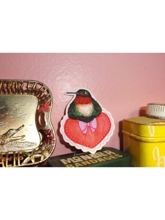 Hummingbird Sitting on a Heart w/ Bow Sticker unique handmade nature art