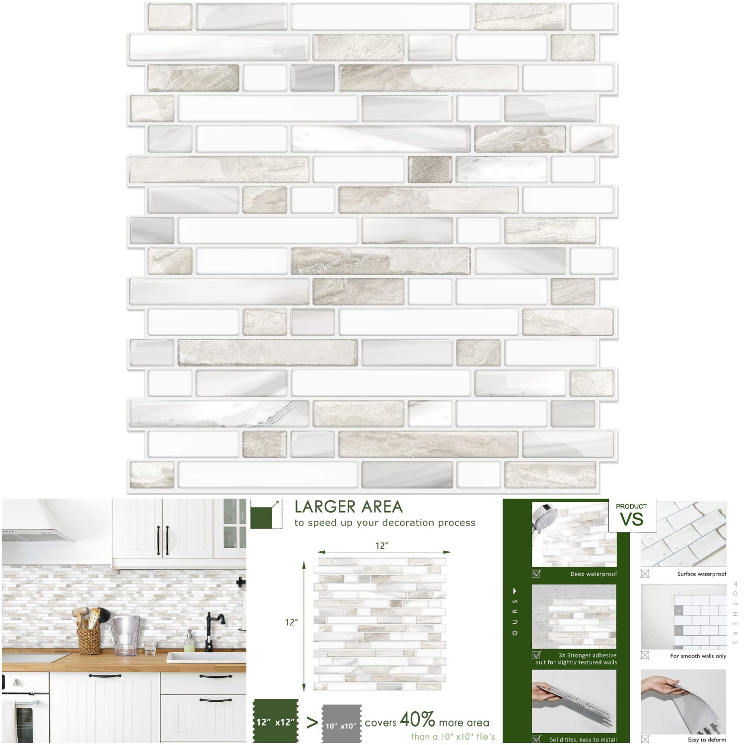 Thicker Design Peel and Stick Beige & White Tile 12×12 Bathroom/Kitchen 10