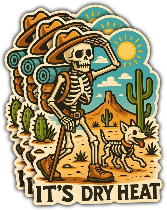 (3Pcs-3in) Skeleton Hiking in The Desert Stickers, Funny Spooky Adventure Vinyl