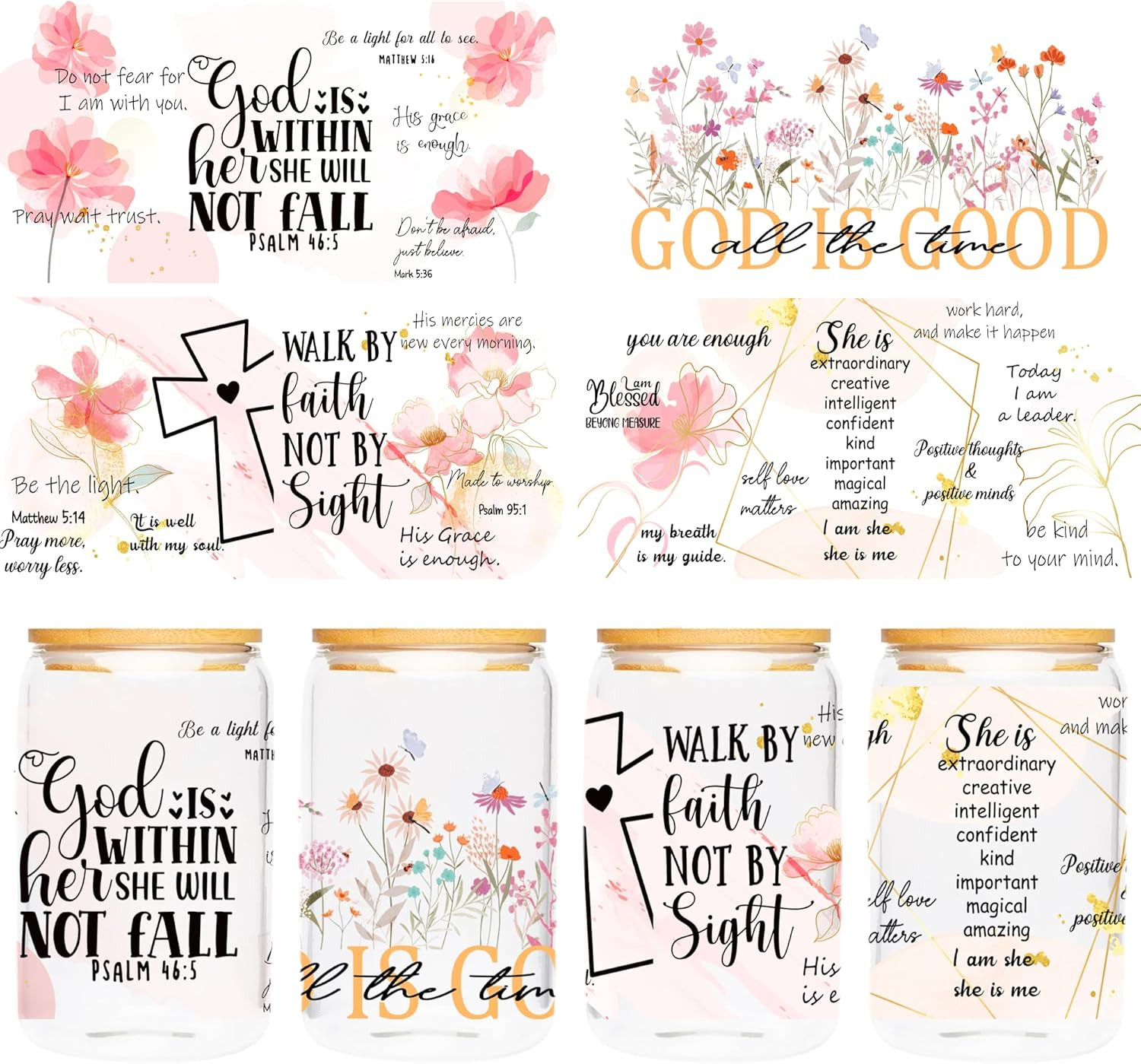 UV DTF Cup Wraps Sticker – 4 Sheets Bible Flower UV DTF Transfers for 16 OZ Glas