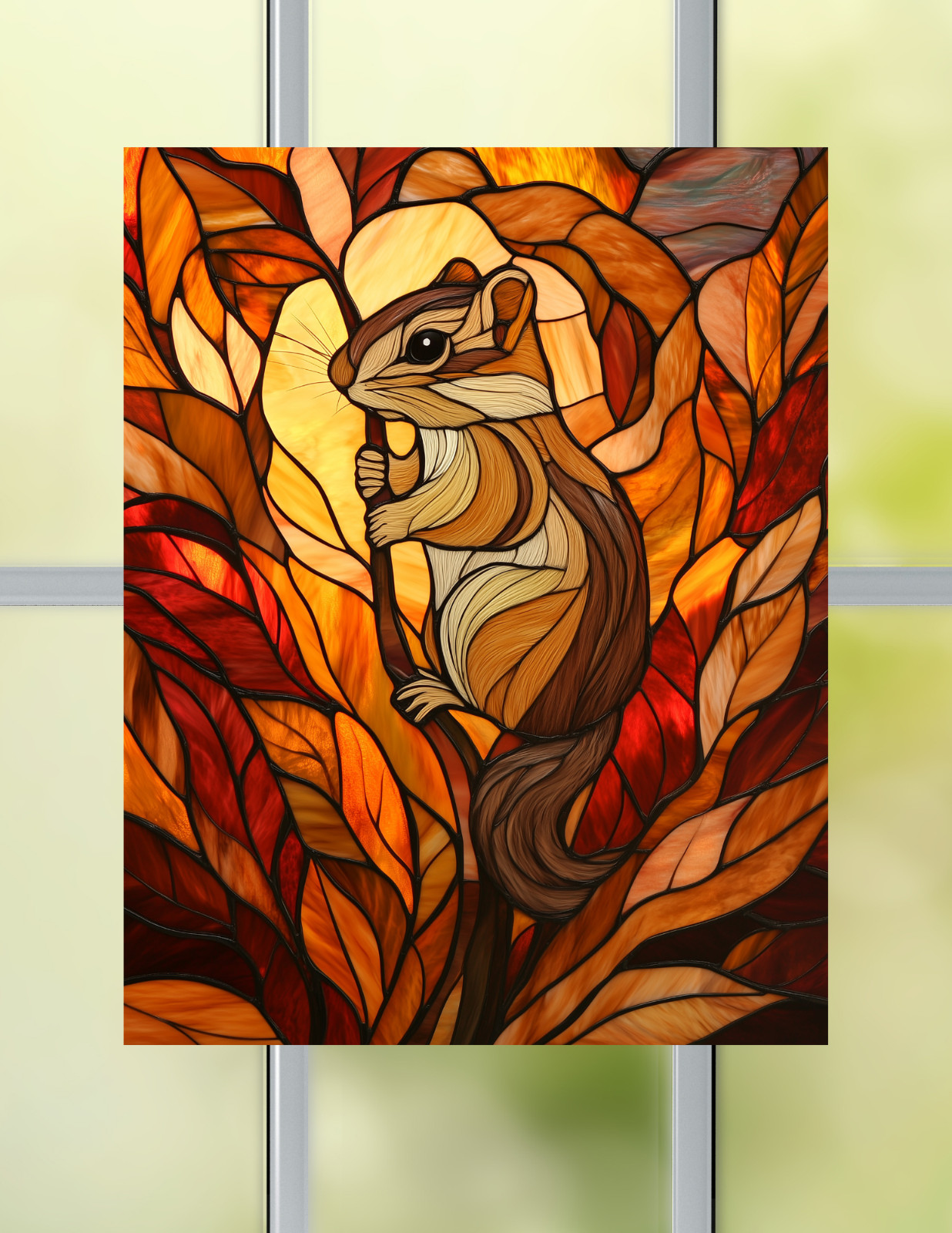 Chipmunk Faux Stained-Glass WINDOW CLING Sun-catcher Size 10.2" Vinyl