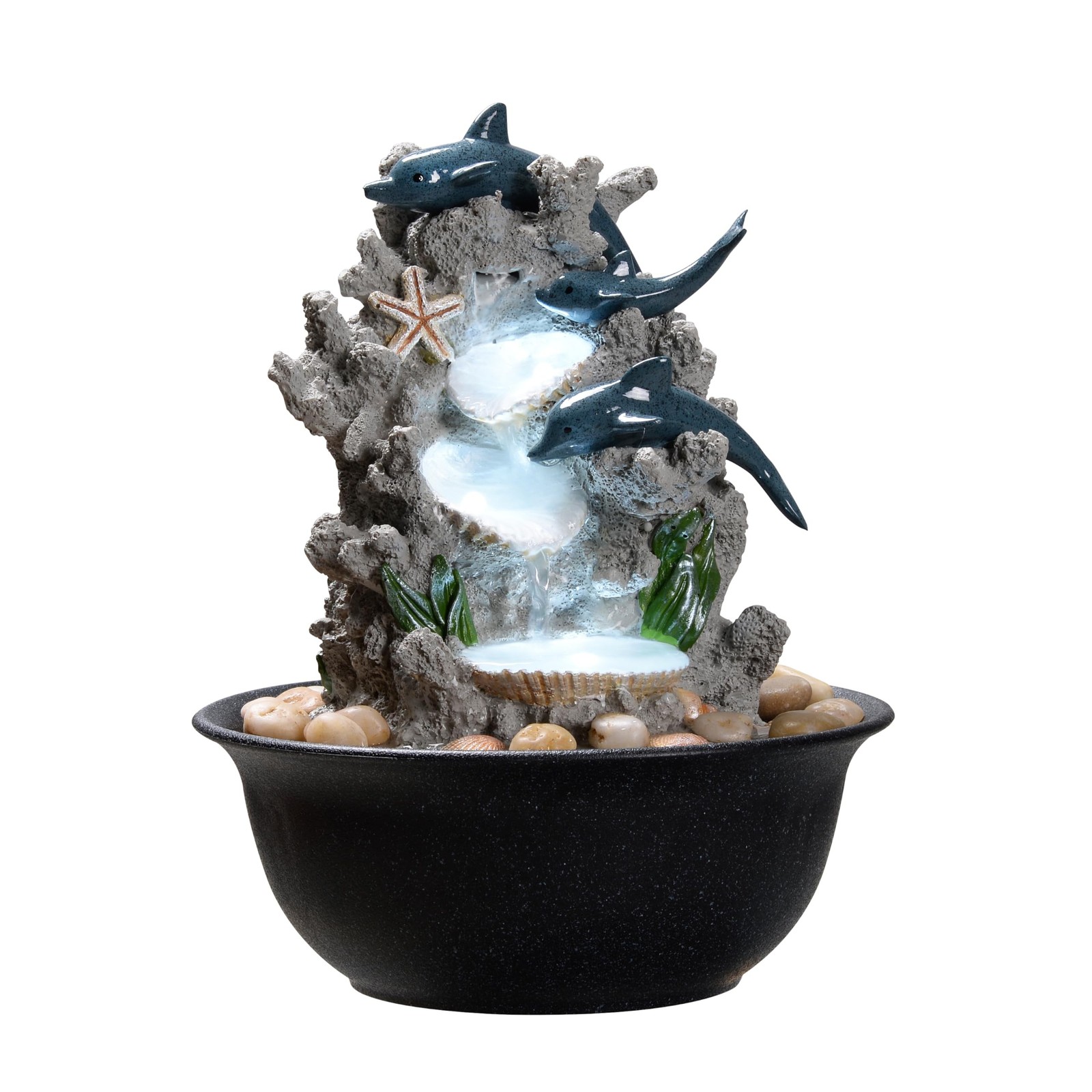 Indoor Tabletop Dolphin Water Fountain with LED Light – Ocean Theme Desk D