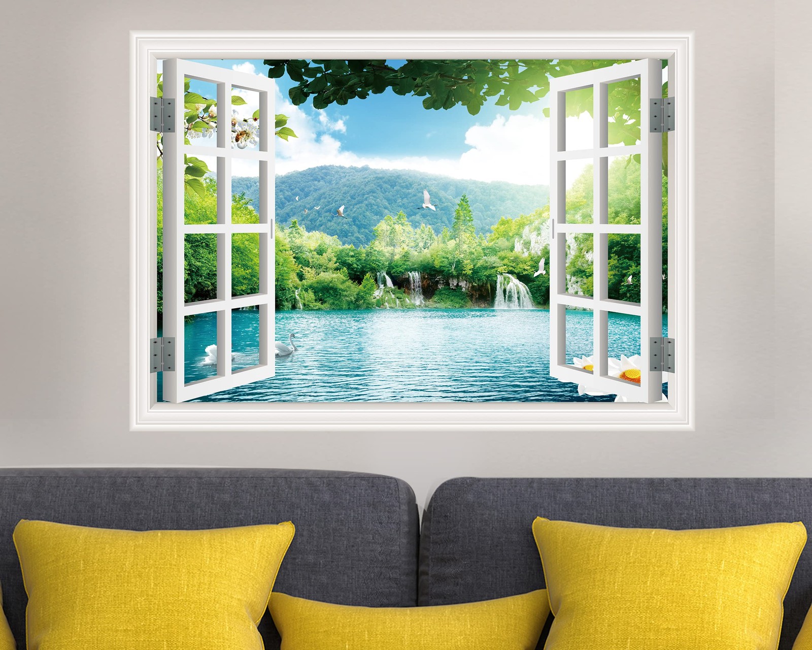 Fake Window Wall Sticker – Landscape Faux Window Wall Mural for Wall Decor, S…