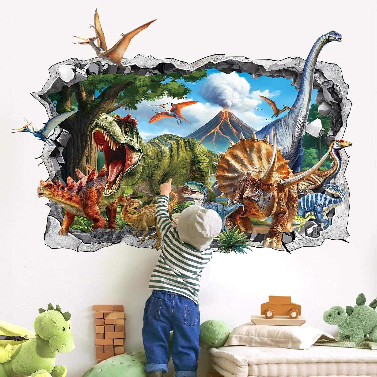 3D Dinosaur Wall Stickers Large Dino Crack Hole Dinosaur Animals Volcano Wall De
