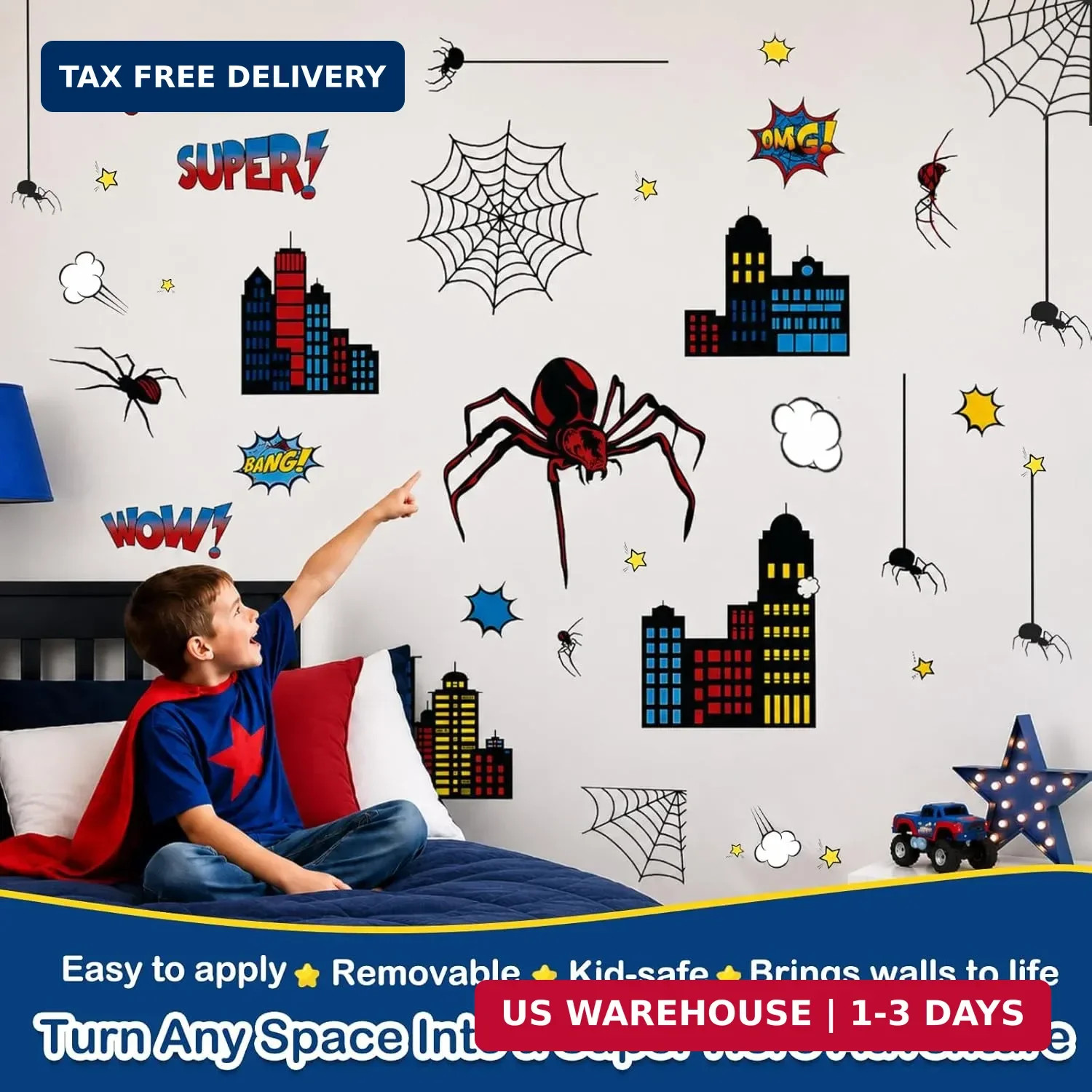 Superhero Wall Decor, Hero City Building Stars Stickers for Kids Boys, 70 Piece