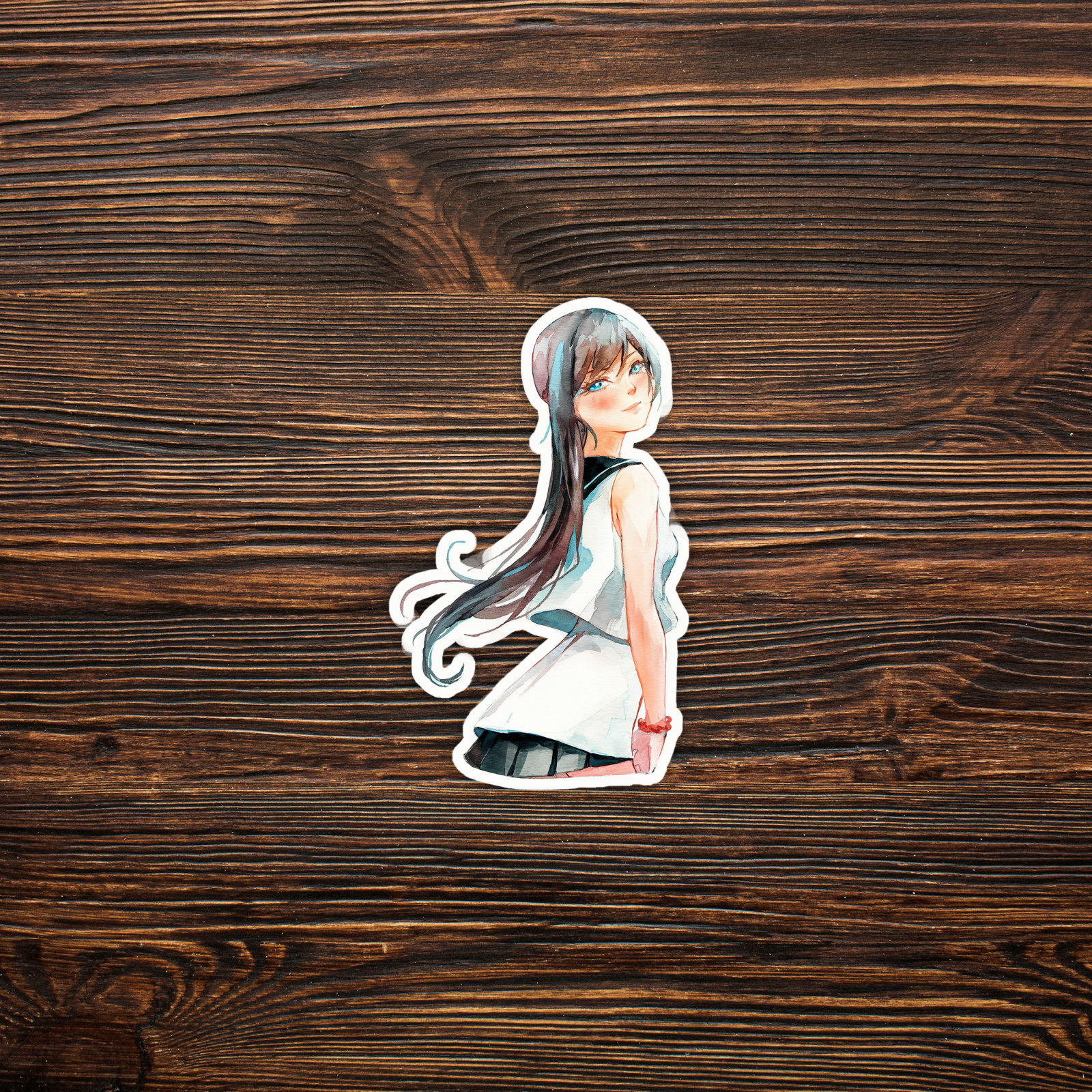 Anime Girl Watercolor Sticker – Smiling Schoolgirl with Long Hair #1200