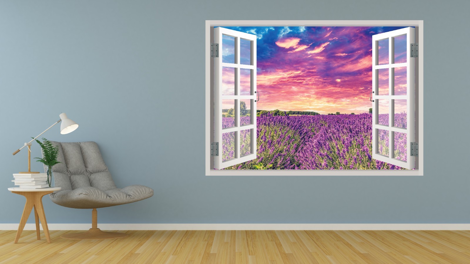3D Window View Wall Decal Lavender Sunset Vinyl Sticker Mural Fake Window M-114