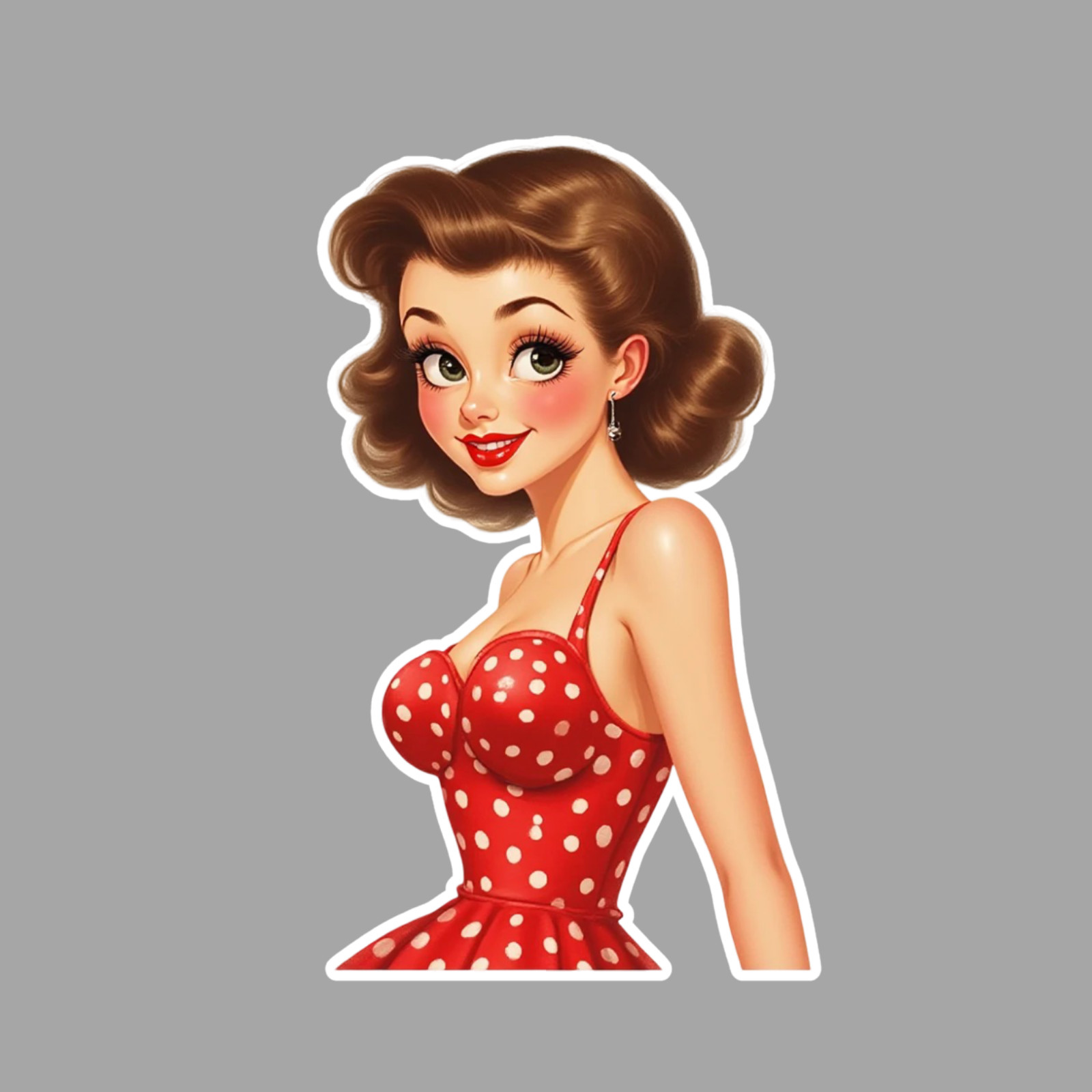 Pinup girl sticker vinyl decal polka dot dress portrait retro vintage brown hair
