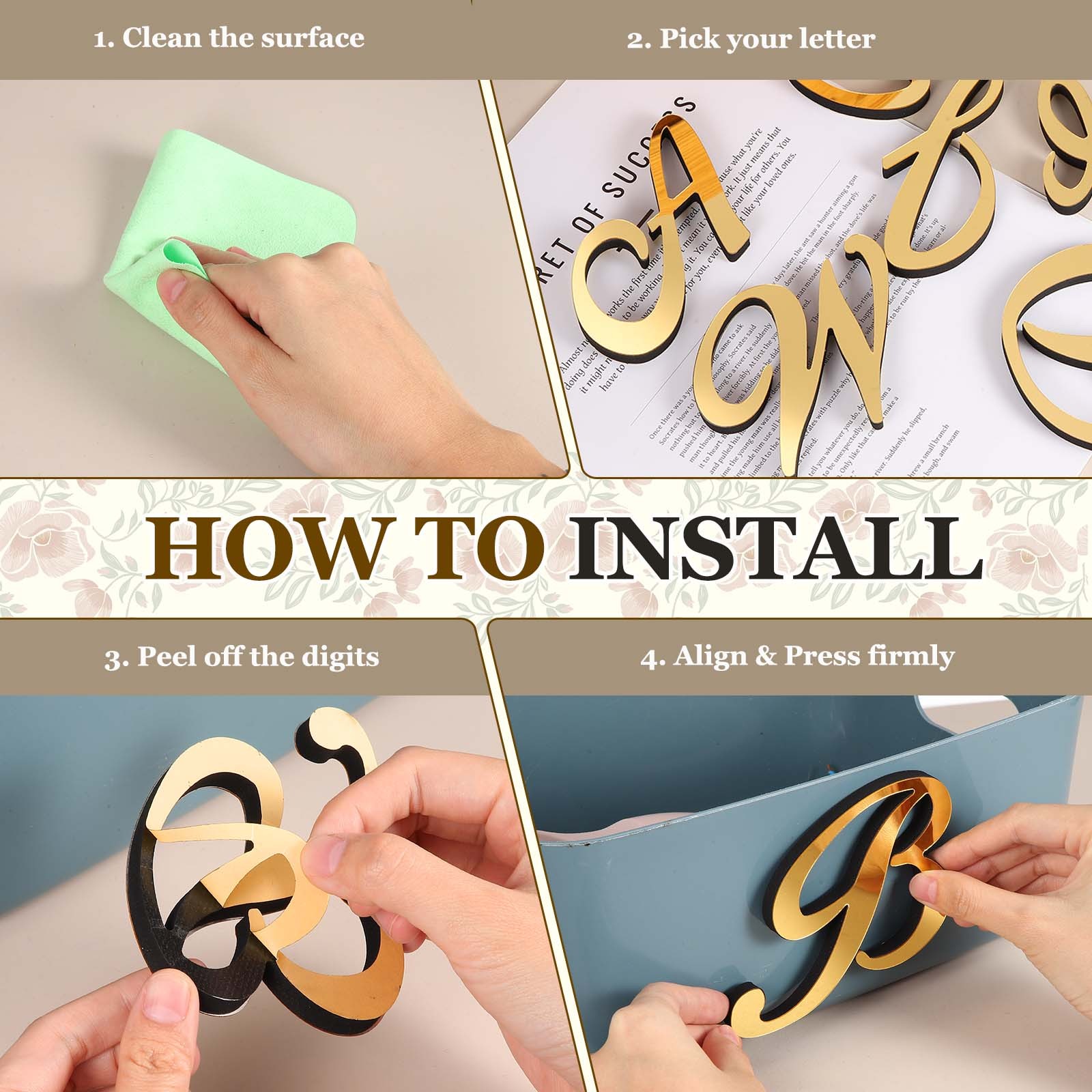 3D Acrylic Alphabet Mirror Wall Sticker Letter F for Home, Light Gold