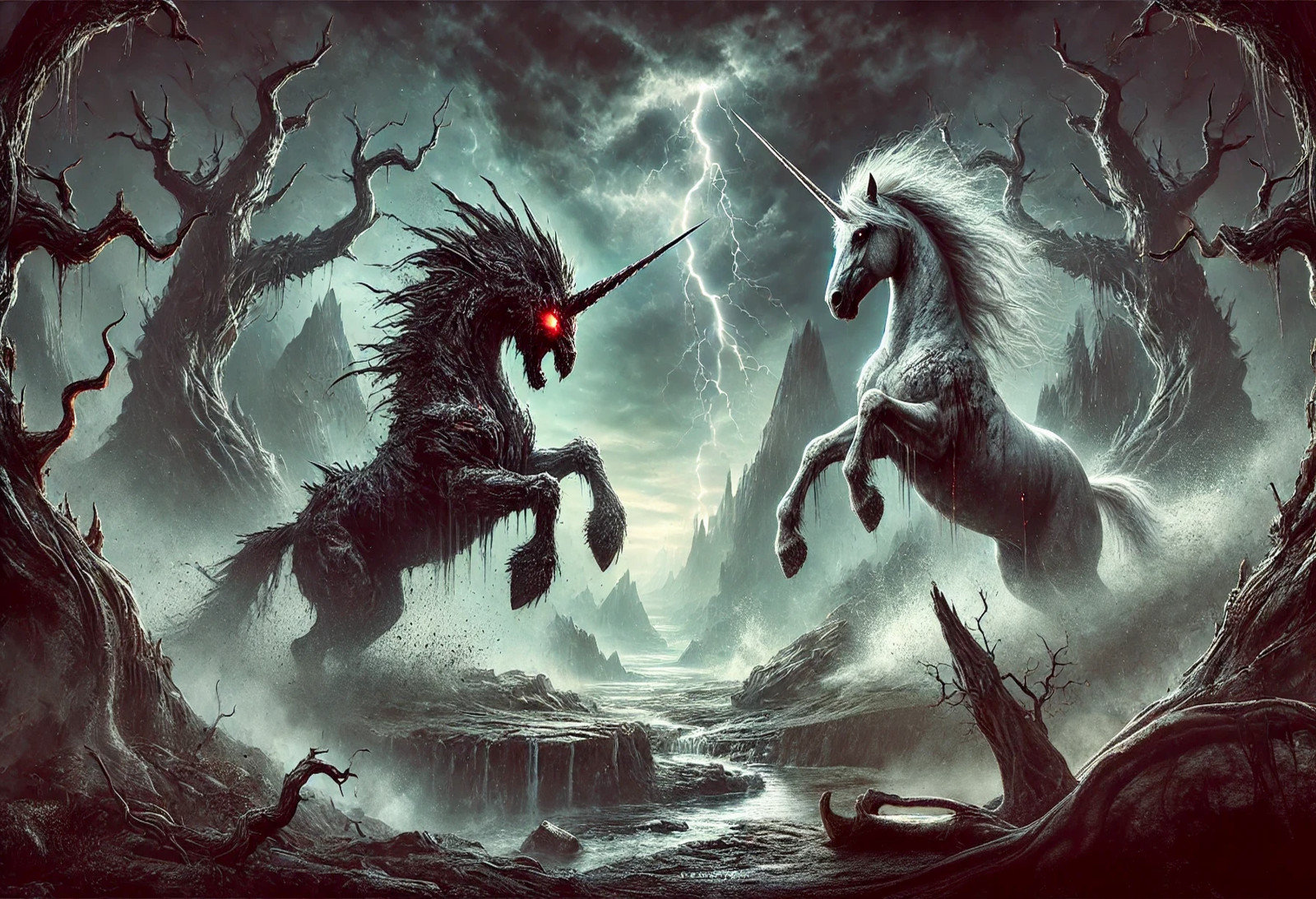 Light vs Dark Unicorn Battle Vinyl Sticker Epic Fantasy Gothic Unicorn Art Decal
