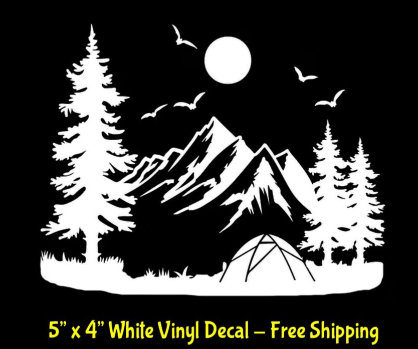 Tent Camping Serene Mountain Woods 5" White Vinyl Decal Car Truck Window Tablet