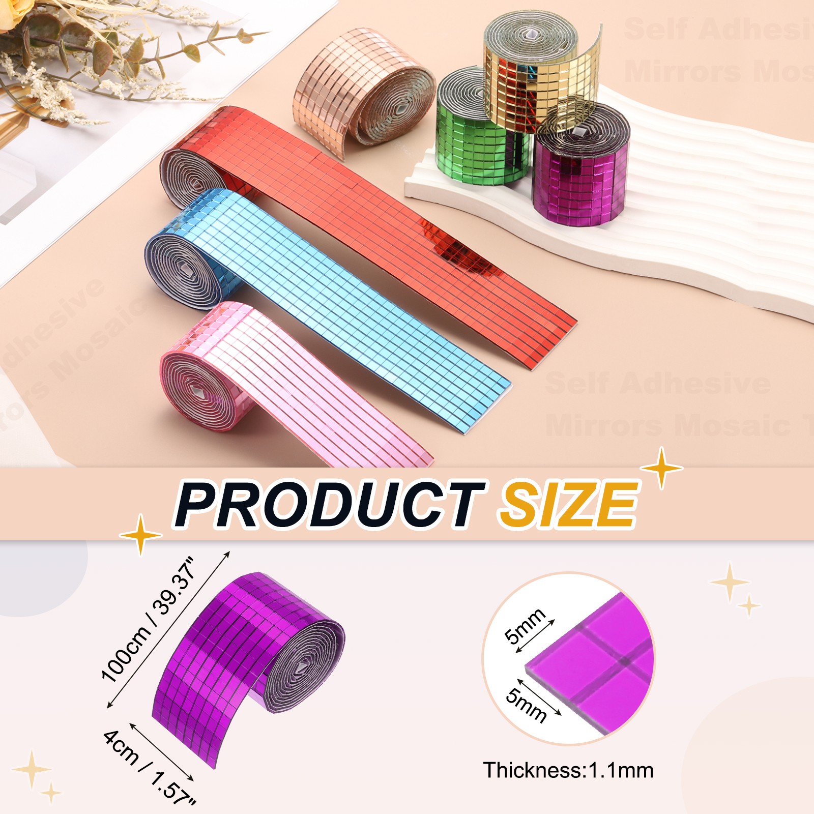 5x5mm Self Adhesive Mirrors Mosaic Tiles, 3840 Pcs Mosaic Sticker, Rose Red